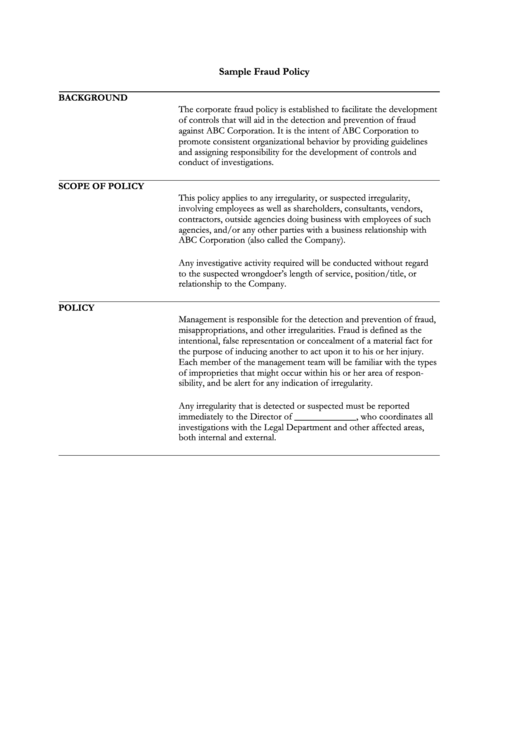 Sample Fraud Policy For Corporation Printable pdf