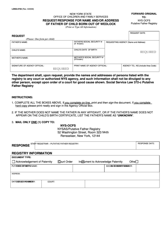 Ocfs - New York State Request / Response For Name And / Or Adress Of Father Of Child Born Out Of Wedlock Printable pdf