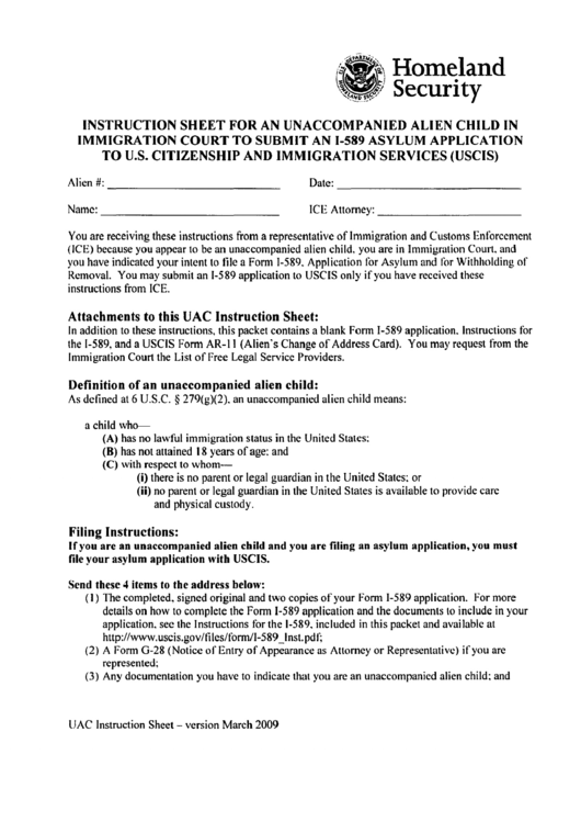 Instruction Sheet For I-589 Asylum Applicants Printable pdf