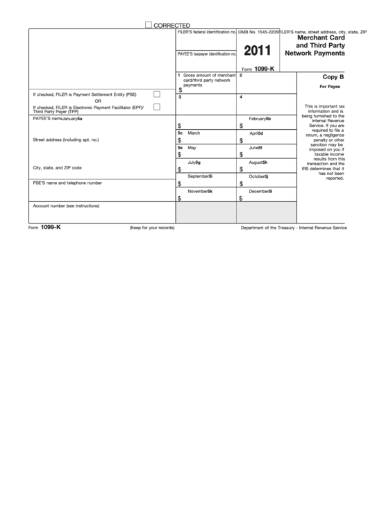 Form 1099-K - Merchant Card And Third Party Network Payments - 2011 Printable pdf