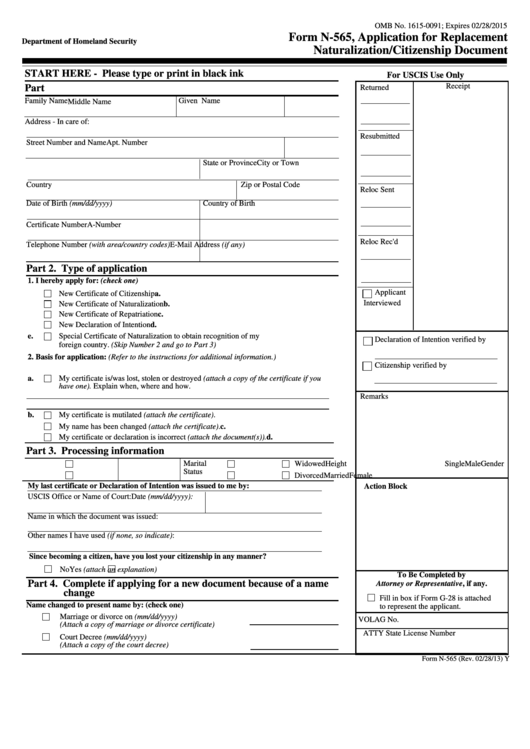 Fillable Form N-565 - Application For Replacement Naturalization/citizenship Printable pdf