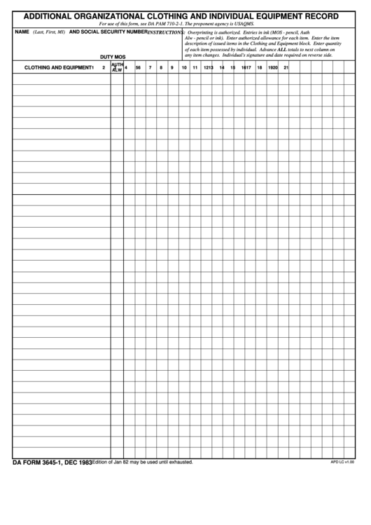 Fillable Da Form 3645-1 - Additional Organizational And Individual Equipment Record - 1983 Printable pdf