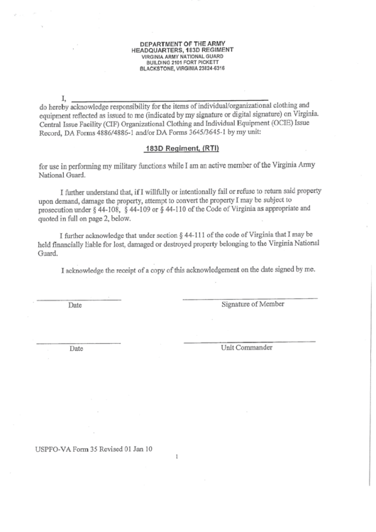 Uspfo-Va Form 35 - 183d Regiment Printable pdf