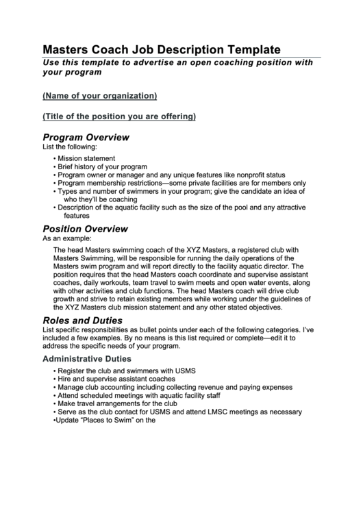 Masters Coach Job Description Template Printable pdf