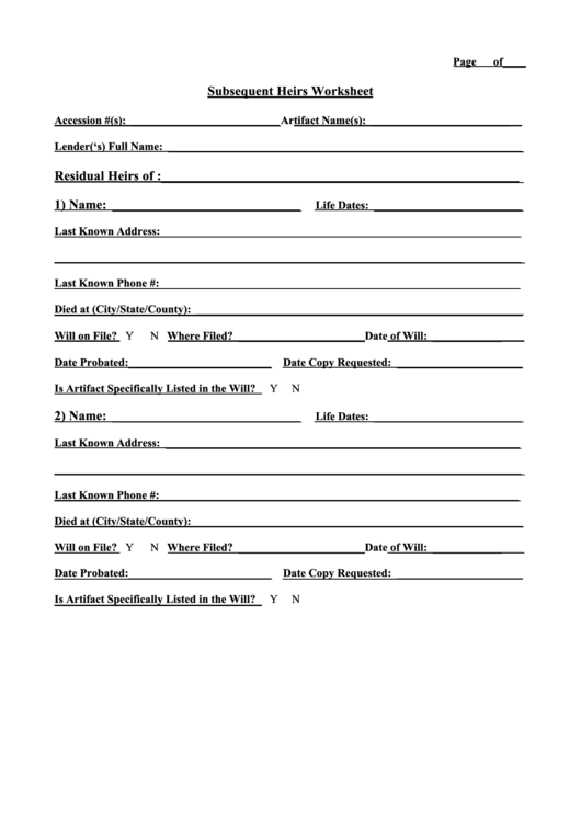 Subsequent Heirs Worksheet Printable pdf