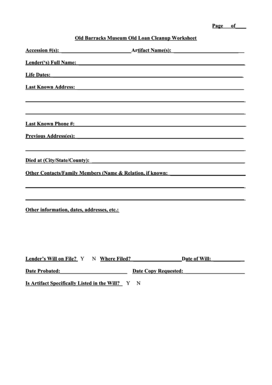 Old Barracks Museum Old Loan Cleanup Worksheet Printable pdf