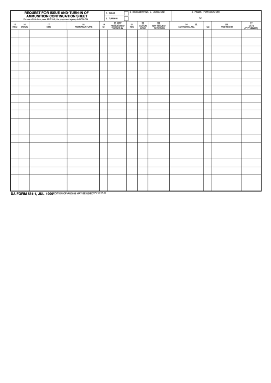 Fillable Request For Issue And Turn-In Of Ammunition Continuation Sheet Printable pdf