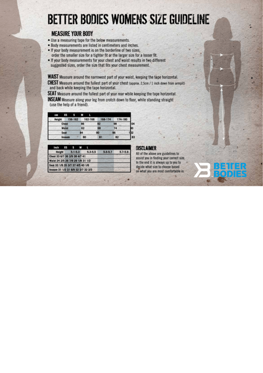 Better Bodies Womens Size Chart Printable pdf