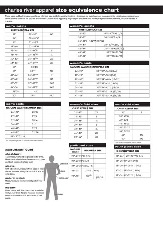 Charles River Apparel Size Equivalence Chart Printable pdf