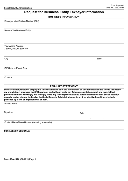 Form Ssa-1694 - Request For Business Entity Taxpayer Information - Social Security Printable pdf