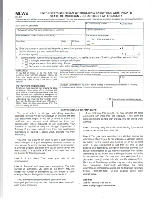 form draft w4 Employee's W Withholding Form    Michigan Exemption Mi 4