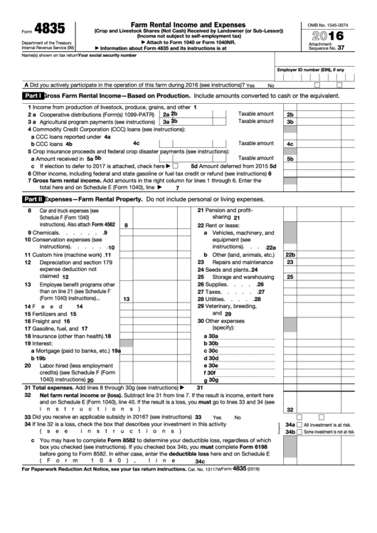 Fillable Form 4835 Farm Rental Income And Expenses Printable pdf