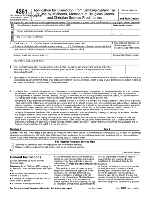 Fillable Form 4361 Application For Exemption Printable pdf