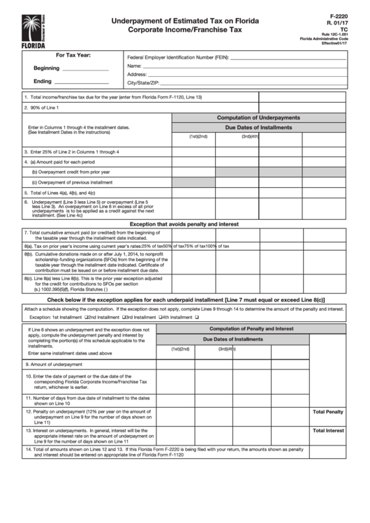 Form F-2220 - Underpayment Of Estimated Tax On Florida Corporate Income/franchise Tax