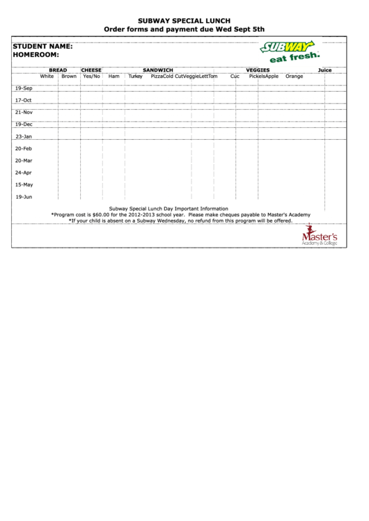 Subway Order Form printable pdf download