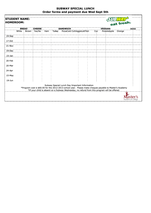 Subway Order Form Printable Pdf Download