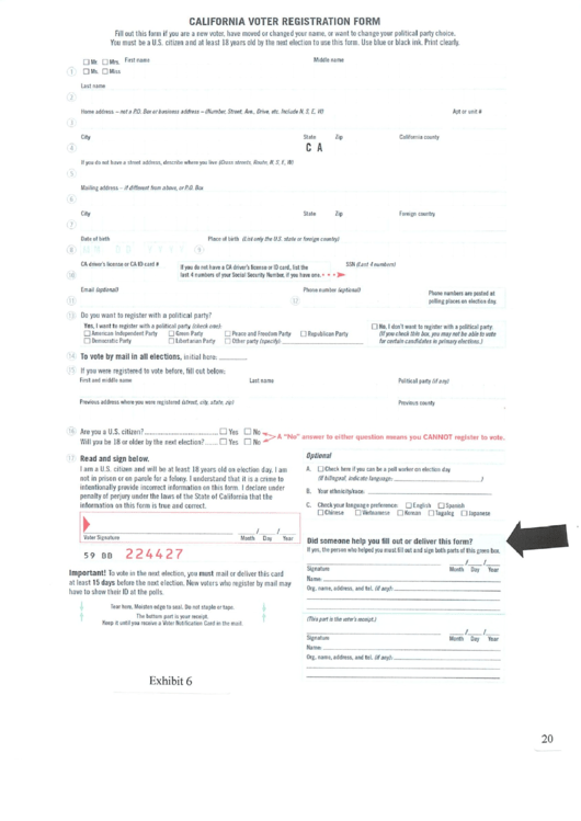 California Voter Registration Form Printable pdf