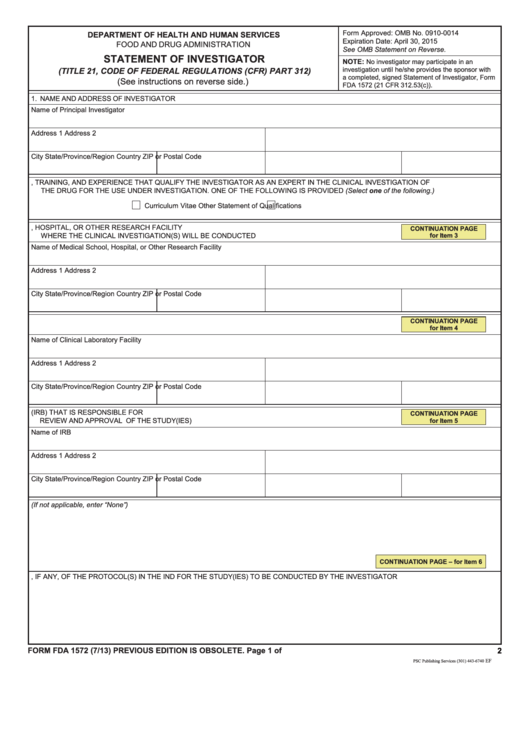 Form Fda-1572 - Statement Of Investigator Printable pdf