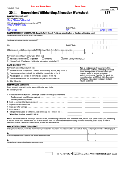 Fillable Form 587 - Nonresident Withholding Allocation Worksheet Printable pdf