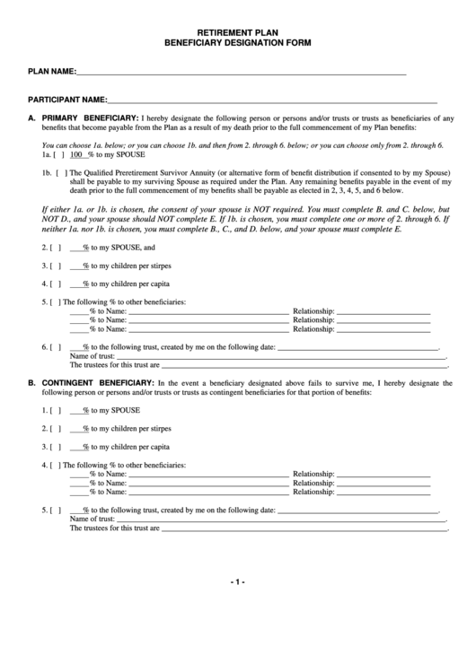 Retirement Plan Beneficiary Designation Form Printable pdf