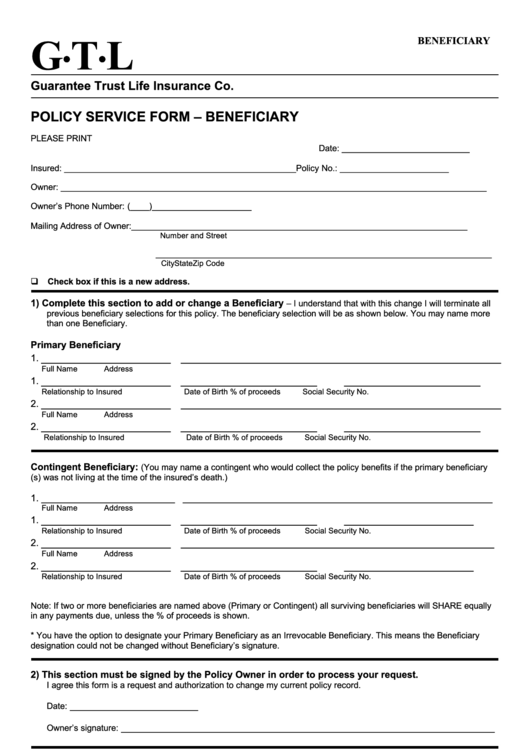 Fillable Policy Service Form - Beneficiary Printable pdf