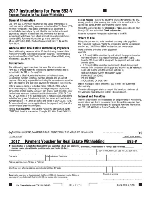 Fillable Form 593-V - Payment Voucher For Real Estate Withholding - 2017 Printable pdf