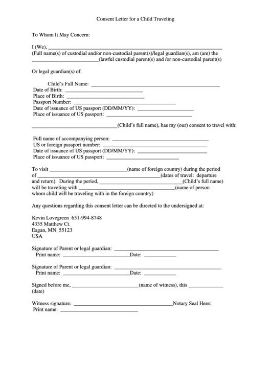 Consent Letter For A Child Traveling Printable pdf