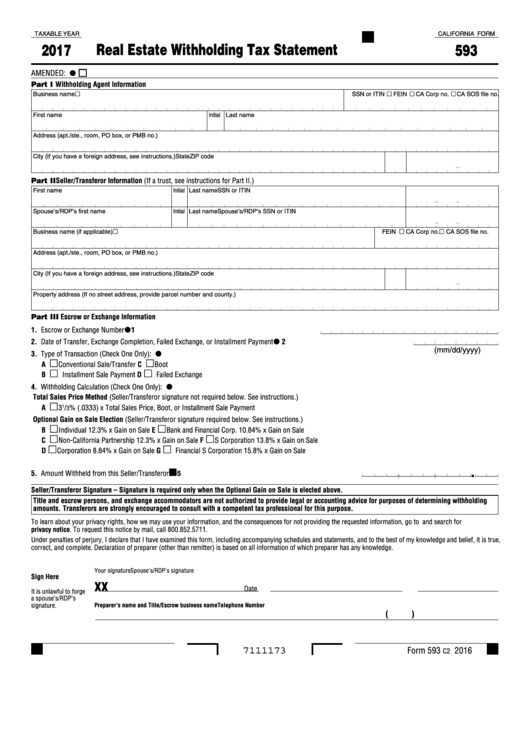Fillable California Form 593 - Real Estate Withholding Tax Statement Template - 2017 Printable pdf