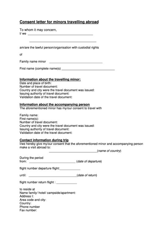 Consent Letter Template For Minors Travelling Abroad Printable pdf