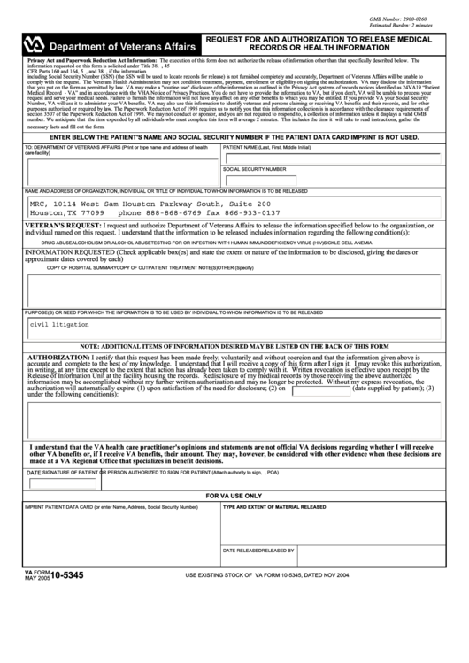 Fillable Request For And Authorization To Release Medical Records Or Health Information Printable pdf