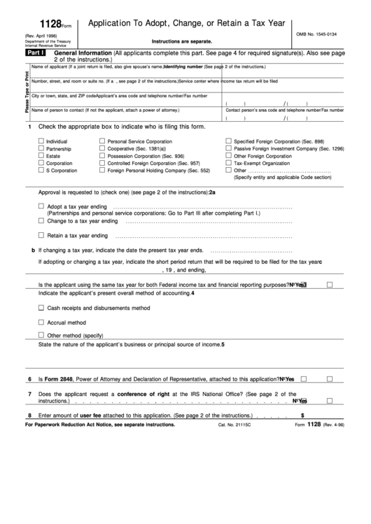 Form 1128 Application To Adopt, Change, Or Retain A Tax Year Printable pdf