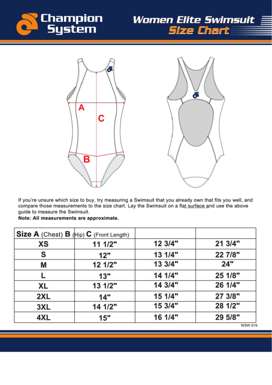 Champion System Women Elite Swimsuit Size Chart Printable pdf