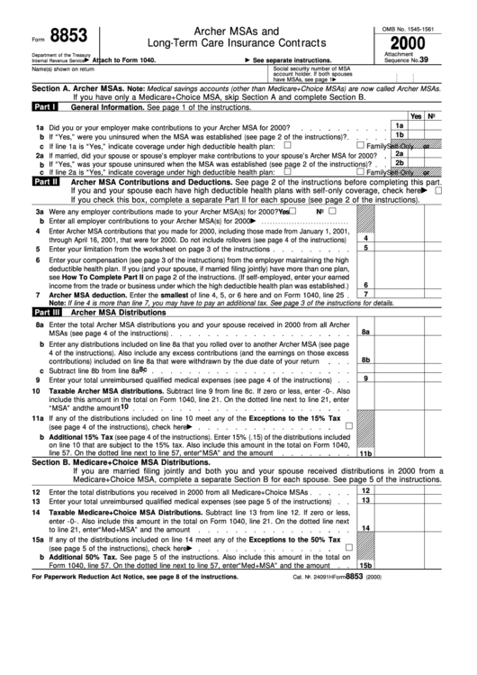 Fillable Form 8853 Long-Term Care Insurance Contracts Printable pdf
