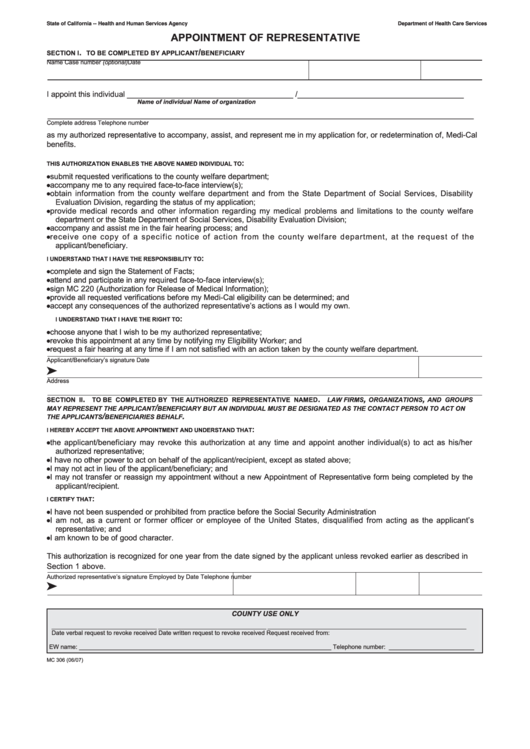 Fillable Appointment Of Representative printable pdf download
