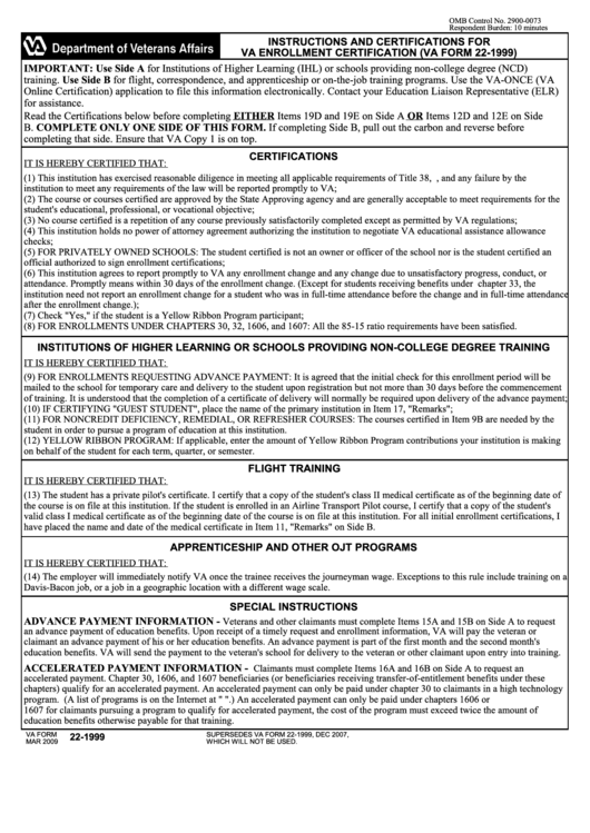 Va Form 22-1999 - Instructions And Certifications For Va Enrollment Certification (Va Form 22-1999) Printable pdf