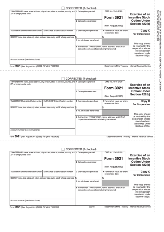 Form 3921 Exercise Of An Incentive Stock Option Under Section 422 Printable pdf