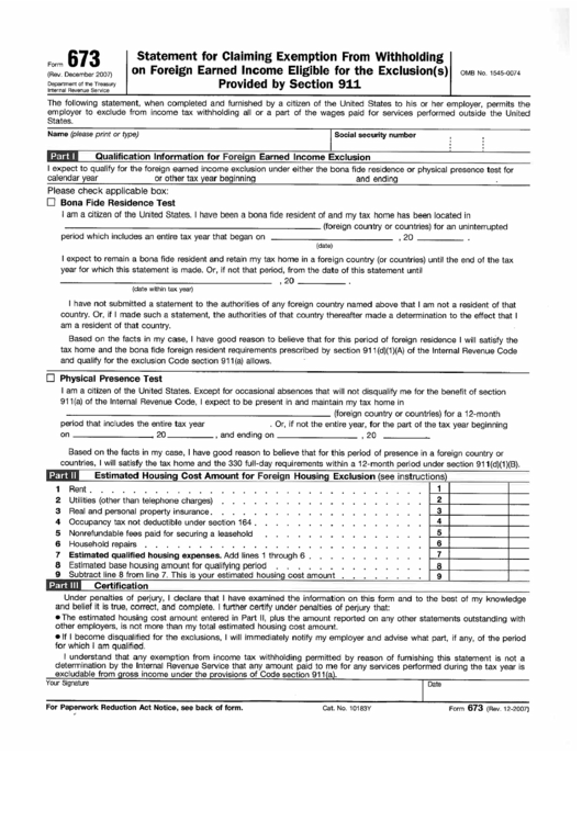 Fillable 673 Form - Statement For Claiming Exemption From Withholding Printable pdf