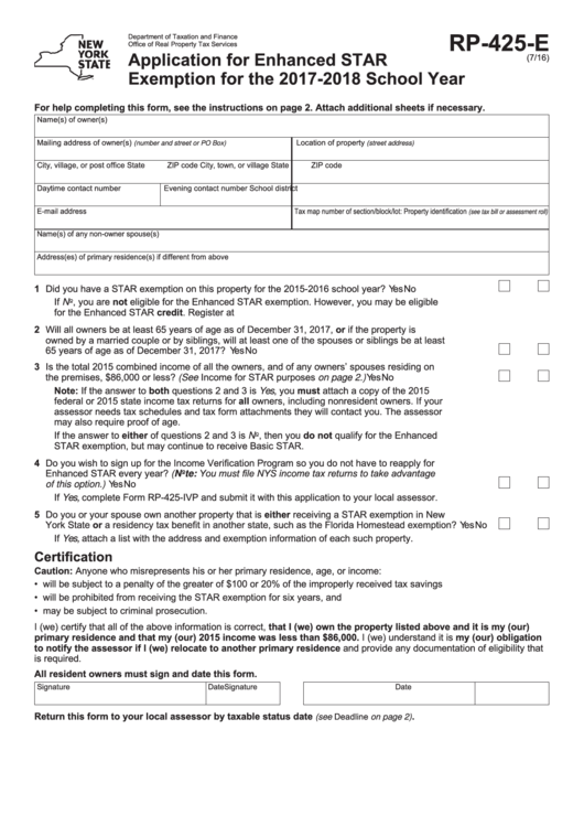 Application For Enhanced Star Exemption Printable pdf