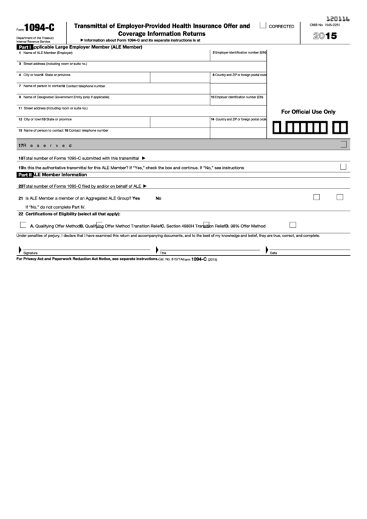 Fillable 1094-C Form Transmittal Of Employer-Provided Health Insurance Offer And Coverage Information Returns Printable pdf