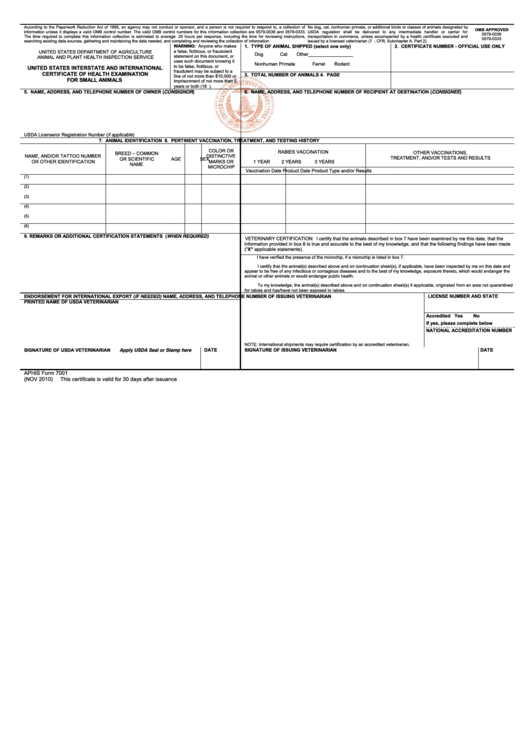 Fillable Aphis Form 7001 - United States Interstate And International Certificate Of Health Examination For Small Animals Printable pdf