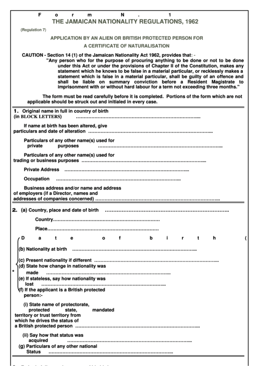 Application By An Alien Or British Protected Person For A Certificate Of Naturalisation - Kingston, Jamaica