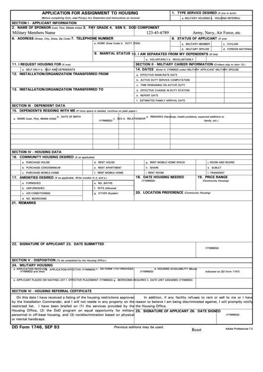 Fillable Dd Form 1746, Application For Assignment To Housing Printable pdf