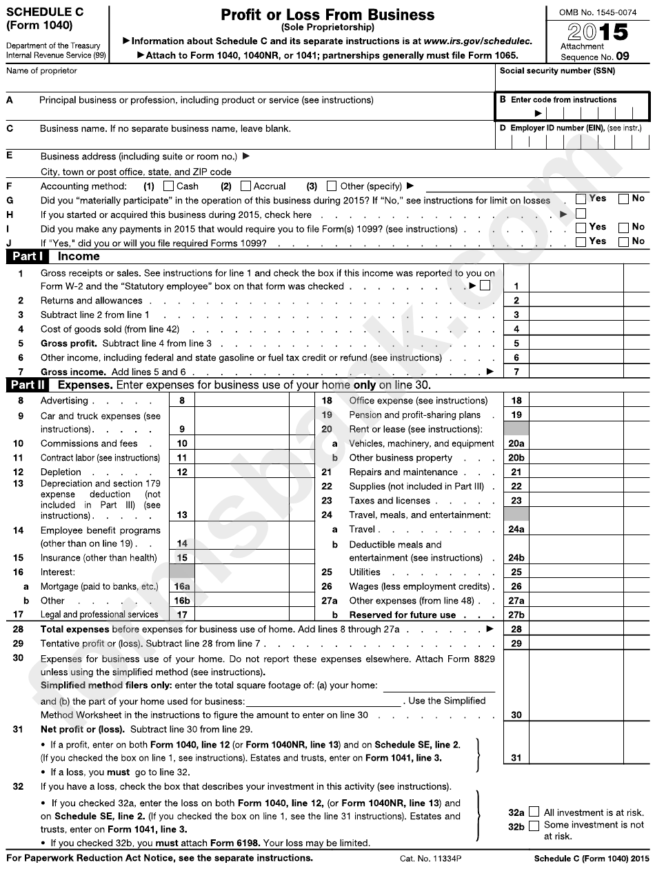 Schedule C (Form 1040) - Profit Or Loss From Business - 2015