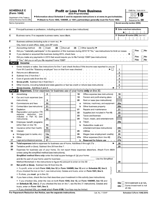 Schedule C (Form 1040) - Profit Or Loss From Business - 2015 Printable pdf