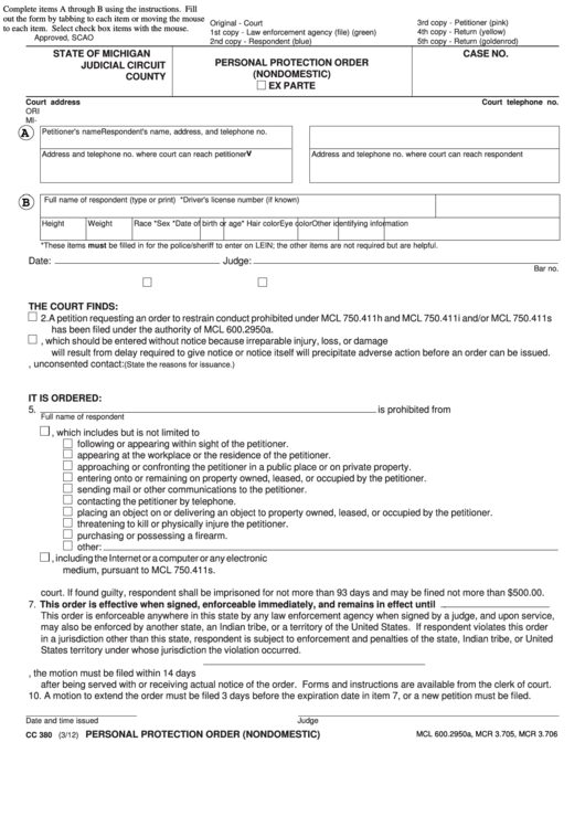 Fillable Personal Protection Order (Nondomestic) - Michigan Printable pdf