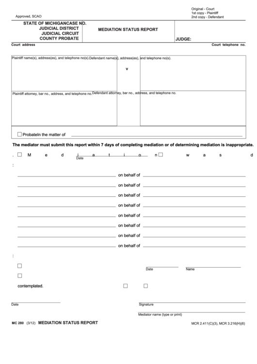 Fillable Mediation Status Report Printable pdf