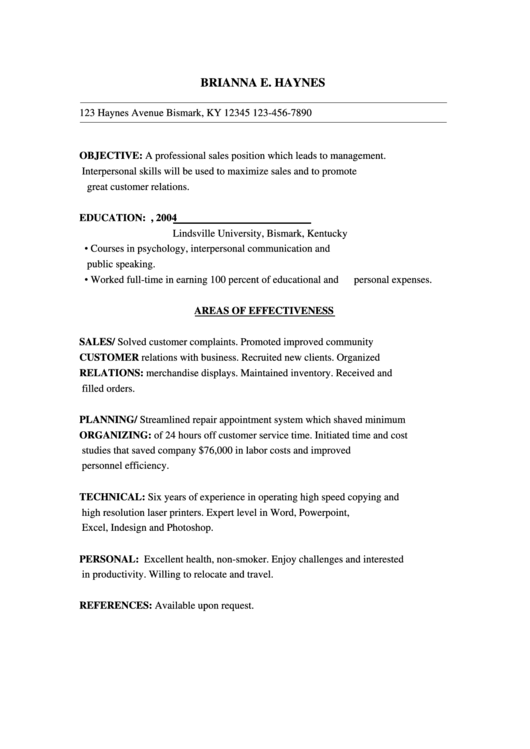 Sample Resume Template With Areas Of Effectiveness Printable pdf