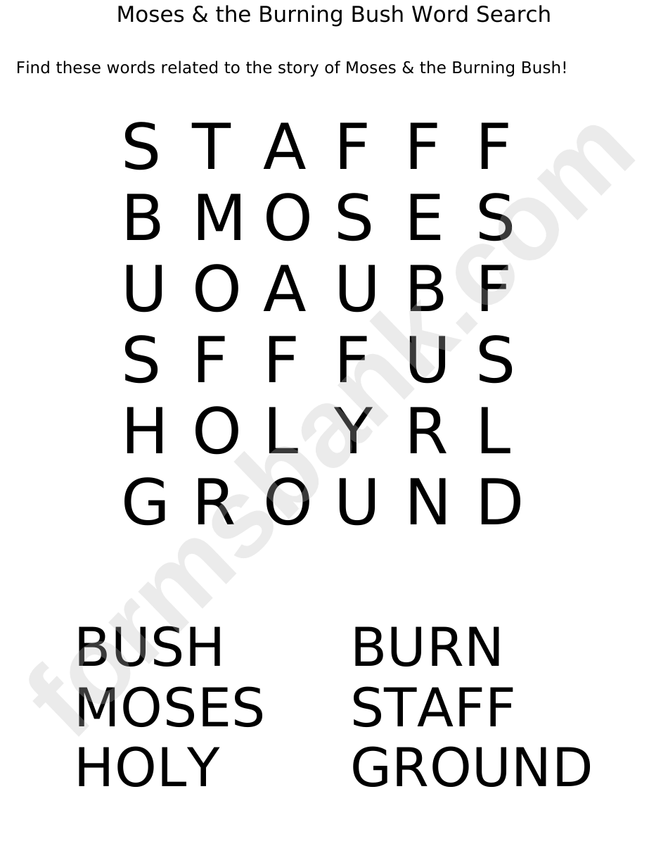 Moses & The Burning Bush Word Search Puzzle Template