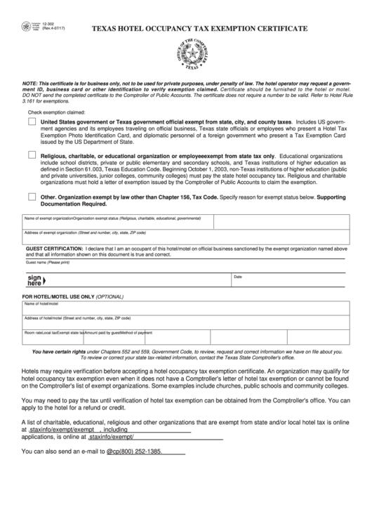 Fillable Hotel Tax Exempt Certificate Printable pdf