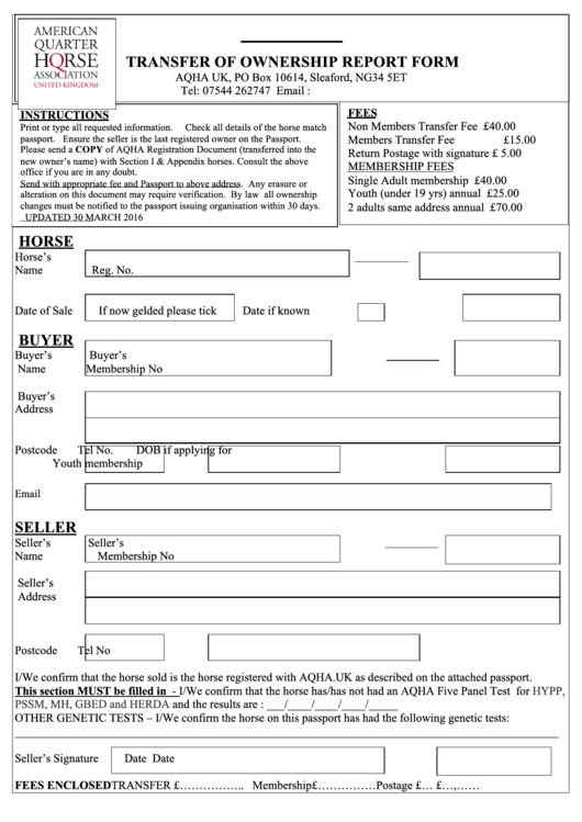 Transfer Of Ownership Report Form - Aqha Uk Printable pdf
